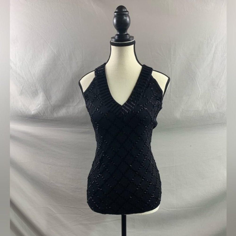 Black Beaded Diamond Lattice Sleeveless V-Neck Knit Tank Top - Picture 5 of 9